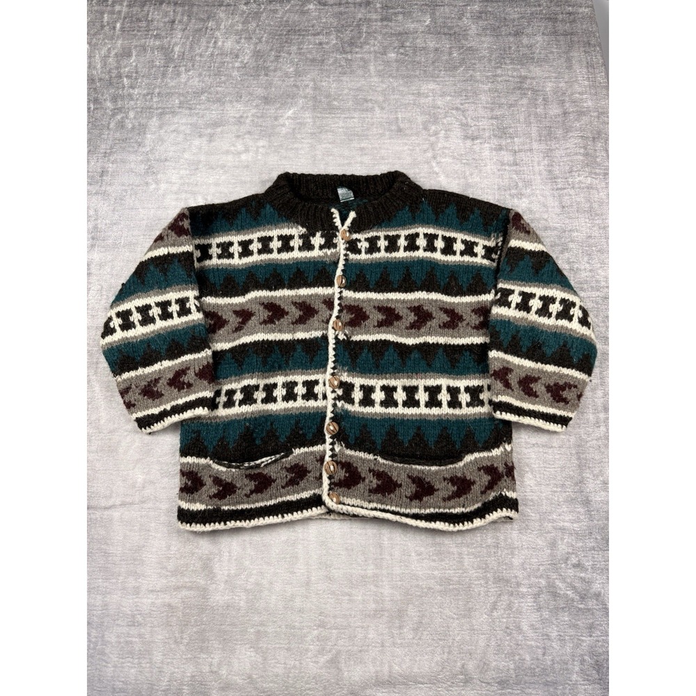 Womens Vintage 100% Wool  Cardigan — Dark Teal, Brown & Cream